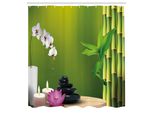Abakuhaus Tenda Da Doccia Spa, Bambù Fiori Cera Di Pietra Tavolo Orchidee Roccia Tema Stile Di Vita Sano, Tessuto Set Decorativo Per Bagno Con Ganci, 175X220 Cm, Verde Felce Fucsia Bianco
