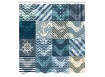 Abakuhaus Tenda Da Doccia Nautica, Tema Marino, Motivo A Onde, Stile Patchwork, Quadrati, Stampa A Strisce Con Ancore, Tessuto, Set Decorativo Per Bagno Con Ganci, 175X240 Cm, Beige E Blu