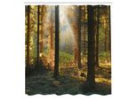 Abakuhaus Tenda Da Doccia Bosco, Tramonto Vista Del Bosco Scuro In Autunno Scena Nebbiosa Con Ombre Degli Alberi, Tessuto Set Decorativo Per Bagno Con Ganci, 175X240 Cm, Arancione Verde
