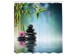 Abakuhaus Tenda Da Doccia Spa, Torre Di Pietra E Ibisco Con Bambù Su Sfondo Acquoso, Set Decorativo Per Bagno In Tessuto Con Ganci, 175X240 Cm, Blu Petrolio E Verde Lime