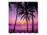 Abakuhaus Tenda Da Doccia Ocean, Silhouette Di Palme Al Tramonto Immagine Esotica Da Sogno Del Paesaggio Al Crepuscolo, Set Decorativo Per Bagno In Tessuto Con Ganci, 175X240 Cm, Nero Viola