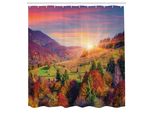 Abakuhaus Tenda Da Doccia Naturale, Pastorale Mattina D'autunno Nel Villaggio Di Montagna Caduta Albero Stampa Rurale Surreale, Tessuto Set Decorativo Per Bagno Con Ganci, 175X220 Cm, Rosso Viola Verde