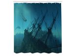 Abakuhaus Tenda Da Doccia Nautica, Delfini Relitto Affondato Sott'acqua Nave Affondata Immagine Misteriosa, Tessuto Set Decorativo Per Bagno Con Ganci, 175X240 Cm, Blu Grigio Azzurro