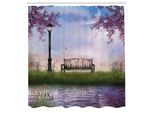 Abakuhaus Tenda Da Doccia Naturale, Panchina Su Un Fiume Che Scorre Con Luna A Forma Di Falce, Lavanda, Alberi, Erba, Illustrazione, Tessuto, Set Decorativo Per Bagno Con Ganci, 175X200 Cm, Multicolore