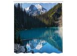Abakuhaus Tenda Da Doccia Paesaggio, Lago Nel Canada Settentrionale Con Alberi Sottili E Montagne Innevate Rocce Ghiacciate, Tessuto Set Decorativo Per Bagno Con Ganci, 175X240 Cm, Verde Bianco Blu