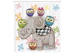 Abakuhaus Tenda Da Doccia Con Caricature, Elefanti E Gufi Su Sfondo Floreale, Amore Per Gli Animali, Occhi Grandi, Ragazzi E Ragazze, Tessuto, Set Decorativo Per Bagno Con Ganci, 175X220 Cm, Multicolore
