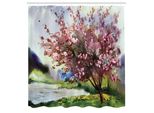 Abakuhaus Tenda Da Doccia Land, Dipinto Di Primavera, Paesaggio Fiorito, Natura Rigogliosa E Erba Fresca, Set Decorativo Per Bagno In Tessuto Con Ganci, 175X240 Cm, Verde Rosa