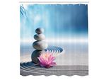 Abakuhaus Tenda Da Doccia Spa, Pietre E Fiori Di Loto Su Sabbia Meditazione Armonia Equilibrio Fiorisci Il Tuo Spirito, Tessuto Set Decorativo Per Bagno Con Ganci, 175X200 Cm, Blu Grigio Rosa