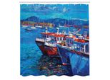 Abakuhaus Tenda Da Doccia Country, Barche A Vela Navi Sulla Riva Porto Attraverso Il Mare Piccola Città Rurale Di Pescatori Grafica, Tessuto Set Decorativo Per Bagno Con Ganci, 175X220 Cm, Blu Navy Rosso