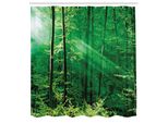 Abakuhaus Tenda Da Doccia Bosco, Raggi Di Sole, Foglie Degli Alberi Del Bosco, Immagine Misty Morning Serenity, Tessuto, Set Decorativo Per Bagno Con Ganci, 175X240 Cm, Verde Bianco
