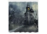 Abakuhaus Tenda Da Doccia Halloween, Design Halloween Con Casa Stregata Gotica, Cielo Scuro E Alberi Spogli, Tema Fantasma, Tessuto Set Decorativo Per Bagno Con Ganci, 175X240 Cm, Verde Acqua