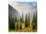 Abakuhaus Tenda Da Doccia Bosco, Abeti Su Prato Tra Pendii Con Foresta Di Conifere Nella Nebbia Prima Dell'alba, Tessuto Set Decorativo Per Bagno Con Ganci, 175X240 Cm, Bianco Verde
