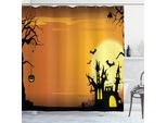 Abakuhaus Tenda Da Doccia Halloween, Casa Stregata, Opaca, Incl. 12 Anelli, Resistente A Batteri E Muffe, 175 X 240 Cm, Arancione E Nero