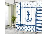 Abakuhaus Tenda Da Doccia Con Ancore, Silhouette Di Ancore Grunge E Barche Con Pois E Strisce In Stile Retrò Navy, Set Decorativo Per Bagno In Tessuto Con Ganci, 175X200 Cm, Blu Scuro E Bianco