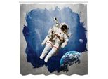 Abakuhaus Tenda Da Doccia Spaziale, Astronauta Sulla Metà Grunge Con Pennellate Geometriche Scifi Modern Art, Set Decorativo Per Bagno In Tessuto Con Ganci, 175X220 Cm, Beige Blu
