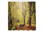Abakuhaus Tenda Da Doccia Bosco, Tavolo Da Picnic Nel Bosco, Tema Fogliame Verde Natura, Tema Estate E Inverno, Set Decorativo Per Bagno In Tessuto Con Ganci, 175X220 Cm, Verde Marrone