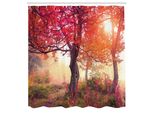 Abakuhaus Tenda Da Doccia Wald, Foresta Magica Nebbiosa Alberi Autunnali Foto Romantica E Idilliaca, Set Decorativo Per Bagno In Tessuto Con Ganci, 175X200 Cm, Rosso-Marrone