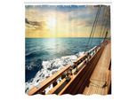 Abakuhaus Tenda Da Doccia Nautica, Barca A Vela Sulle Onde Del Mediterraneo Al Tramonto, Cielo, Nuvole, Viaggi, Tessuto, Set Decorativo Per Bagno Con Ganci, 175X220 Cm, Crema E Blu