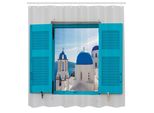 Abakuhaus Tenda Da Doccia Paesaggistica, Vista Finestra Edificio Classico Con Tetto Blu Oia Santorini Grecia, Tessuto Set Decorativo Per Bagno Con Ganci, 175X240 Cm, Bianco Acquamarina Blu