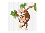 Abakuhaus Tenda Da Doccia Con Caricatura, Scimmia Divertente Appesa All'albero E Banane, Stampa Con Tema Animali Della Giungla, Set Decorativo Per Bagno In Tessuto Con Ganci, 175X220 Cm, Cioccolato Bianco