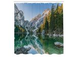 Abakuhaus Tenda Da Doccia Naturale, Paesaggio Autunnale Con Alberi Sfumati E Montagne Riflesso Puro Nell'acqua Foto Da Sogno, Tessuto Set Decorativo Per Bagno Con Ganci, 175X200 Cm, Verde Grigio