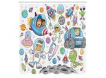 Abakuhaus Tenda Da Doccia Spaziale, Simpatica Ragazza Astronauta Spaziale, Ragazzo, Alieni, Razzi Sulla Luna, Tema Per La Cameretta Dei Bambini, Set Decorativo Per Il Bagno In Tessuto Con Ganci, 175X220 Cm, Multicolore