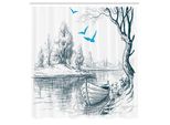 Abakuhaus Tenda Da Doccia Paesaggio, Barca Su Fiume Tranquillo, Ramo Con Uccellino, Clipart Acquerellate, Minimalista, Tessuto, Set Decorativo Per Bagno Con Ganci, 175X240 Cm, Bianco, Grigio, Blu