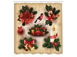 Abakuhaus Tenda Da Doccia Natalizia, Stile Vintage Classico Candela Religiosa Campana Vischio Nastro Uccellino Stampa Artistica, Tessuto Set Decorativo Per Bagno Con Ganci, 175X200 Cm, Multicolore