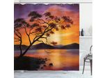 Abakuhaus Tenda Da Doccia Paesaggio, River Mountain Sunset, Opaca, Incl. 12 Anelli, Resistente A Batteri E Muffe, 175 X 200 Cm, Arancione Bruciato E Viola