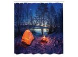 Abakuhaus Tenda Da Doccia Wald, Foto Di Una Tenda Da Campeggio Nella Notte Buia In Inverno Su Terreni Coperti Di Neve Attraverso Il Lago, Set Decorativo Per Bagno In Tessuto Con Ganci, 175X240 Cm, Arancione Blu