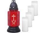 Lume Da Tomba In Vetro (24 Cm) Con Croce, Incl. 5 Candele Di Ricarica, Design Buena Red