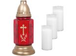 Lume Da Tomba In Vetro (24 Cm) Con Croce, Incl. 4 Candele Di Ricarica, Design Bella Red