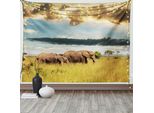 Abakuhaus Arazzo Africano, Foto Di Famiglia Con Elefante, Soggiorno Camera Da Letto Casa Arazzo In Raso Setoso, 200 X 150 Cm, Giallo Grigio Blu