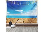 Abakuhaus Arazzo Nautico, Seascape Nuvoloso Spiaggia, Soggiorno Camera Da Letto Telo Da Parete Arazzo In Raso Setoso, 150 X 100 Cm, Marrone Bianco Blu