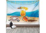 Abakuhaus Arazzo Caricaturale, Paesaggio Marino, Spiaggia Estiva, Soggiorno, Camera Da Letto, Arazzo In Raso Setoso, 200 X 150 Cm, Arancione, Viola, Blu