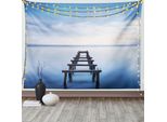 Abakuhaus Arazzo Nautico, Old Jetty Blue Sky, Arazzo Per Soggiorno O Camera Da Letto Arazzo In Raso Setoso, 150 X 100 Cm, Marrone Bianco Blu