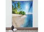 Abakuhaus Arazzo Blu, Palme Tropicali Dell'oceano Su Sunny Island Beach Scene - Immagine Panoramica, Soggiorno Camera Da Letto Arazzo In Raso Setoso, 100 X 150 Cm, Verde Bianco Blu