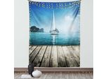Abakuhaus Arazzo Nautico, Yacht Con Ponte In Legno Horizon Serenity Seascape Tema Acquatico E Costiero, Soggiorno Camera Da Letto Arazzo In Raso Setoso, 100 X 150 Cm, Marrone Blu