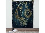 Abakuhaus Arazzo Psichedelico, E Volti Solari Motivo A Piume Con Strisce Dorate Stelle Fantasia, Soggiorno Camera Da Letto Tela Da Parete In Raso Setoso, 150 X 200 Cm, Giallo Petrolio Blu
