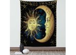Abakuhaus Arazzo Psichedelico, Luna Stelle Sole Stile Retrò, Soggiorno Camera Da Letto Tessuto Da Parete In Raso Setoso, 150 X 200 Cm, Blu Petrolio Giallo