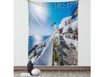 Abakuhaus Arazzo Estivo, Antico Villaggio Di Oia Sull'isola Di Santorini In Grecia Con Immagine Del Paesaggio Marino Dell'egeo, Soggiorno Camera Da Letto Tessuto Da Parete In Raso Setoso, 100 X 150 Cm, Blu E Bianco