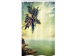 Abakuhaus Tenda Da Doccia Stretta Caraibi, Palma Rocky Shore, Set Decorativo Per Bagno In Tessuto Con Ganci, 120 X 180 Cm, Verde Mandorla Giallo Pallido