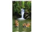 Abakuhaus Safari Tenda Da Doccia Stretta, Tigre Siberiana, Set Decorativo Per Bagno In Tessuto Con Ganci, 120 X 180 Cm, Verde Reseda Arancione