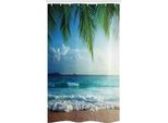 Abakuhaus Tenda Da Doccia Stretta Ocean, Palme Tropical Island, Set Decorativo Per Bagno In Tessuto Con Ganci, 120 X 180 Cm, Blu E Verde