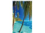 Abakuhaus Tenda Da Doccia Tropicale Stretta, Palme, Mare, Spiaggia, Set Decorativo Per Bagno In Tessuto Con Ganci, 120 X 180 Cm, Blu Turchese