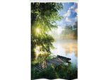 Abakuhaus Tenda Da Doccia Stretta Naturale, Molo Di Pesca Sul Fiume, Set Decorativo Per Bagno In Tessuto Con Ganci, 120 X 180 Cm, Verde Bianco Blu