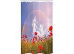 Abakuhaus Tenda Da Doccia Stretta Con Motivi Floreali, Papaveri In Un Prato, Set Decorativo Per Bagno In Tessuto Con Ganci, 120 X 180 Cm, Verde Blu Rosso