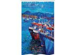 Abakuhaus Maritim Tenda Da Doccia Stretta, Harbor By The Sea, Set Decorativo Per Bagno In Tessuto Con Ganci, 120 X 180 Cm, Blu Navy Rosso