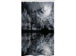 Abakuhaus Paesaggio Tenda Da Doccia Stretta, Alberi Notte Cielo Nuvola, Set Decorativo Per Bagno In Tessuto Con Ganci, 120 X 180 Cm, Nero Bianco Grigio