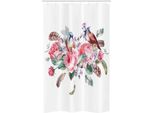 Abakuhaus Tenda Da Doccia Stretta Con Motivi Floreali, Rose Vintage E Uccellini, Set Decorativo Per Bagno In Tessuto Con Ganci, 120 X 180 Cm, Verde Reseda E Rosso Corallo